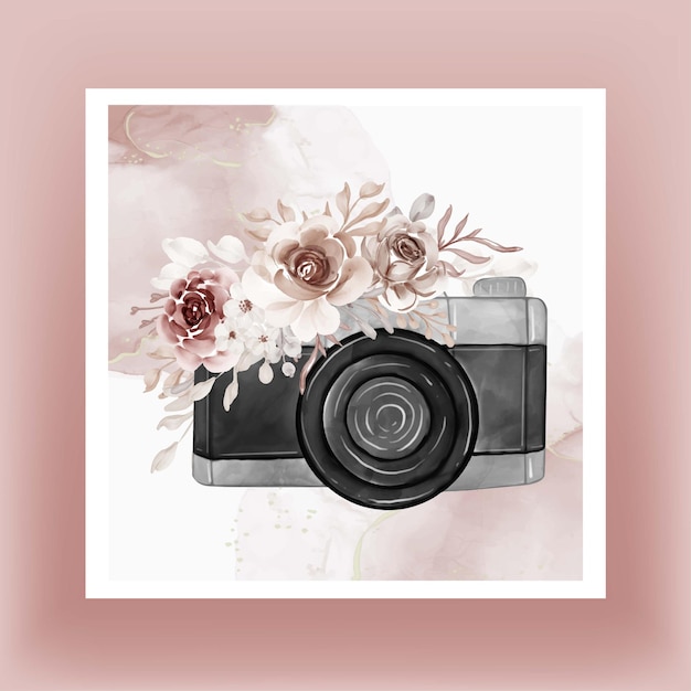 Camera watercolor with flowers brown terracotta