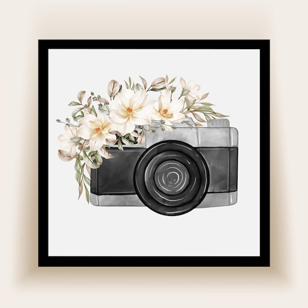 Camera watercolor with flowers white magnolia