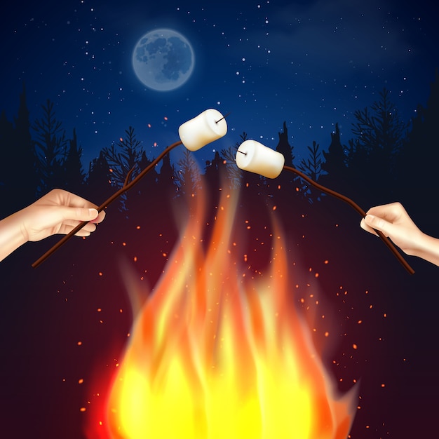 Free vector camp fire marshmallow composition