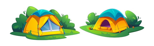 Free vector camp tent stand on green grass island with bush