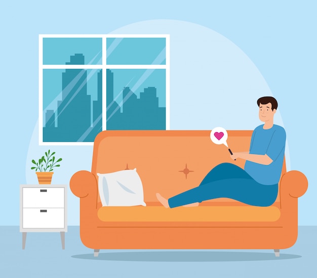 Free Vector campaign stay at home with man in living room chatting in smartphone 