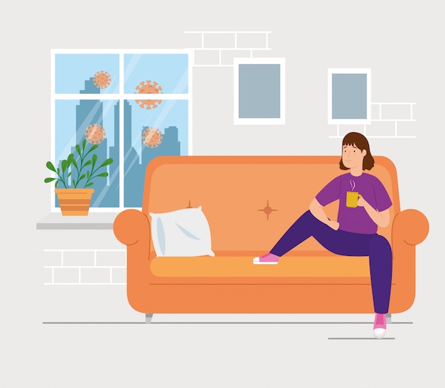 Free Vector campaign stay at home with woman in living room drinking coffee 