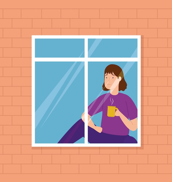 Free Vector campaign stay at home with woman looking out the window 