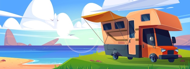 Free vector camper van on sea or lake beach