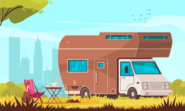 Free vector camper with barbecue folding table deckchair guitar in city suburb trailer caravan park cartoon composition illustration