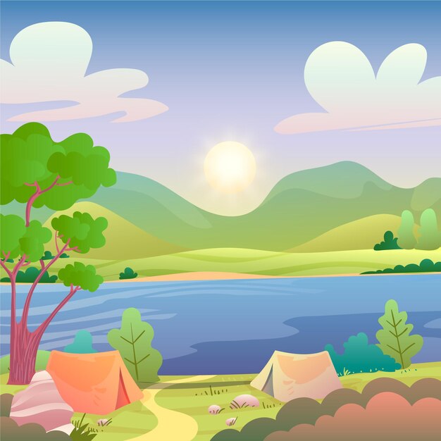 Camping area landscape illustration with lake