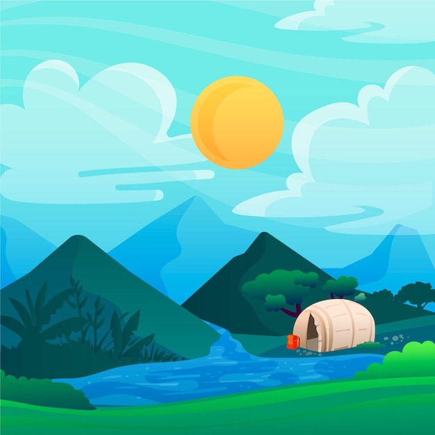 Camping area landscape illustration with river