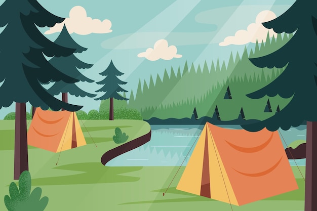 Camping area landscape illustration with tents and river