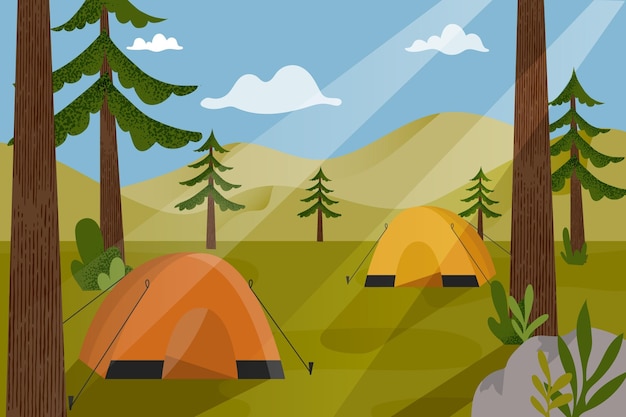 Camping area landscape illustration with tents