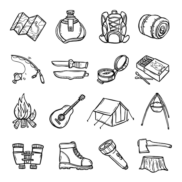 Camping Black White Icons Set 