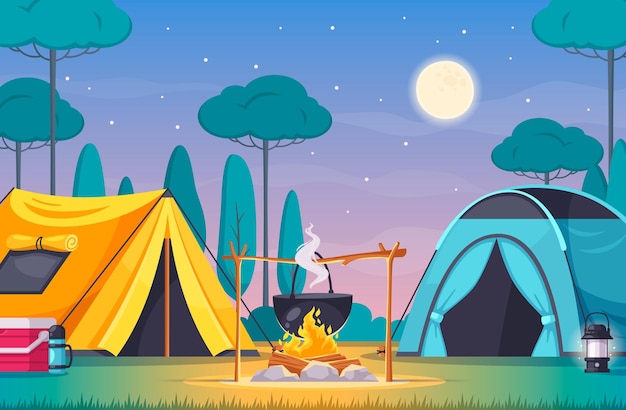 Camping composition with two tents fire cool box with trees and night sky cartoon