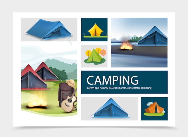 Free Vector camping elements composition with realistic and flat tents guitar pith hat campfire backpack nature landscapes