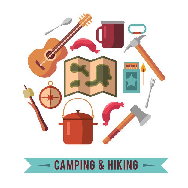 Camping flat set with hiking equipment and outdoors cooking icons 