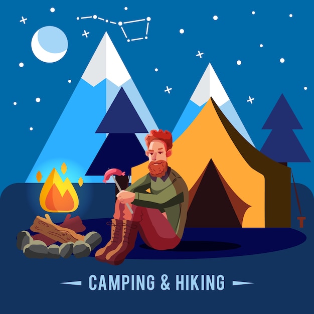 Camping flat set with hiking equipment and outdoors cooking icons 