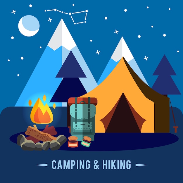 Camping flat set with hiking equipment and outdoors cooking icons