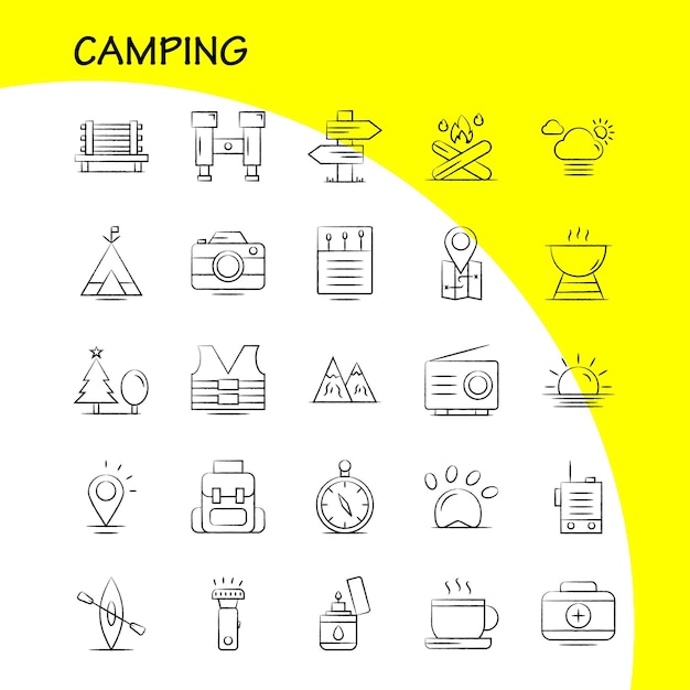 Free Vector camping hand drawn icons set for infographics mobile uxui kit and print design include cloud sun weather tea cup coffee hot box icon set vector