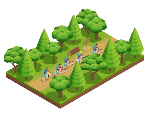 Free Vector camping hiking isometric composition tourists go on forest trail in park on bicycles vector illustra