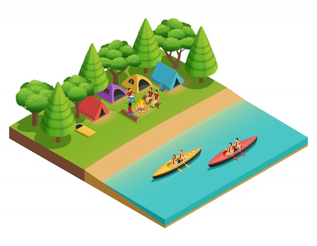 Camping hiking isometric composition with tent on the lake and tourists on boats vector illustration