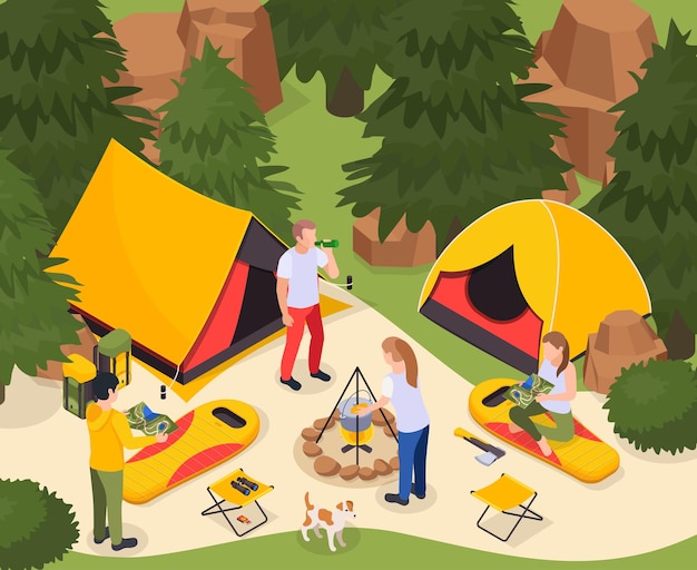 Camping hiking touristic isometric illustration