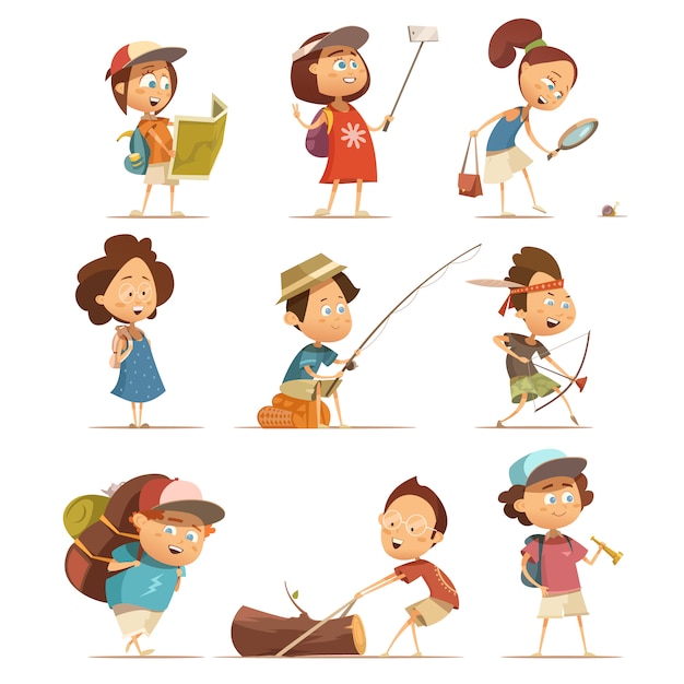 Camping kids cartoon icons set with equipment isolated vector illustration 