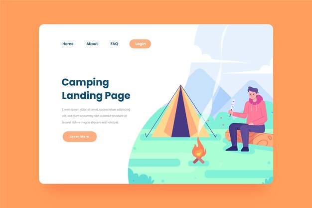 Camping landing page template with tent and man