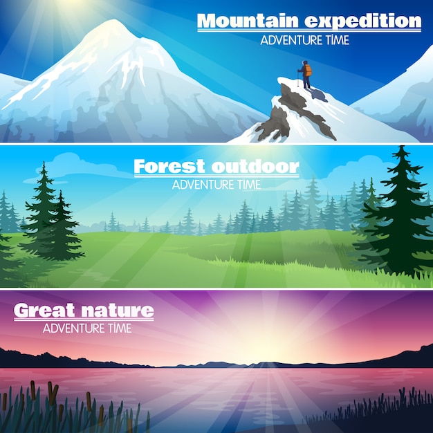 Free Vector camping outdoor nature horizontal banners set 