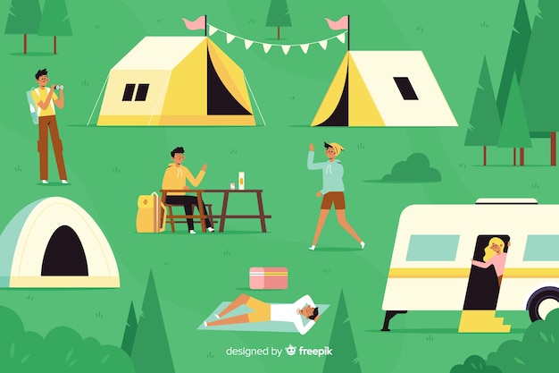 Camping people with cars and tents