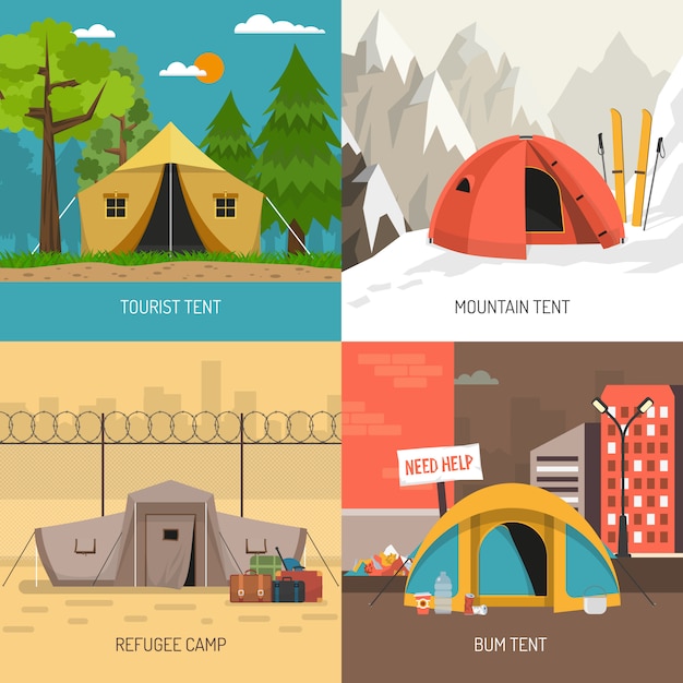 Camping Tent  Concept 4 Icons Square Composition