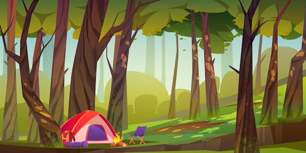 Camping tent with campfire and tourist stuff in forest