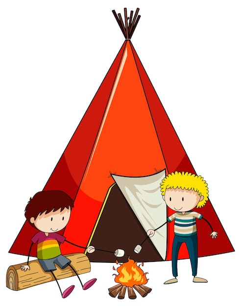 Camping tent with doodle kids cartoon character isolated