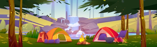 Camping tents with campfire at waterfall cascade