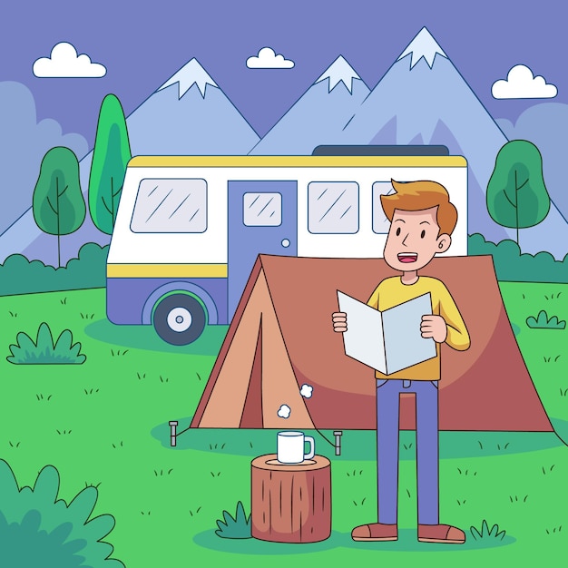 Free Vector camping with a caravan concept