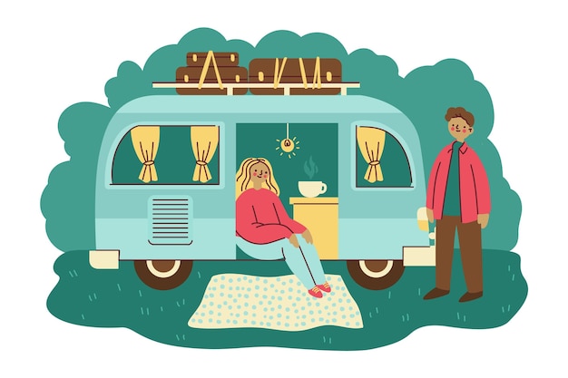 Free vector camping with a caravan concept