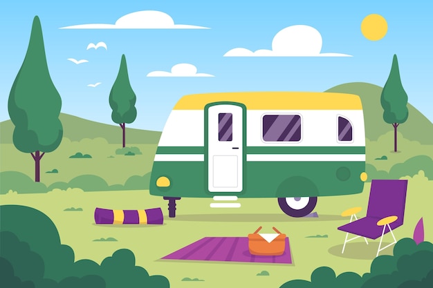 Camping with a caravan flat design illustration