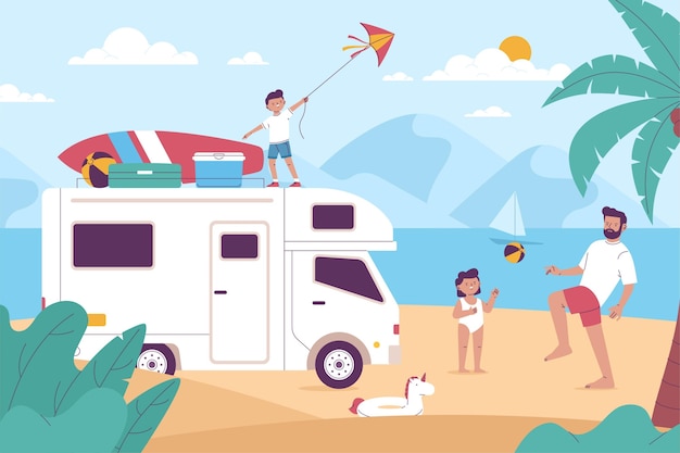 Camping with a caravan illustration concept