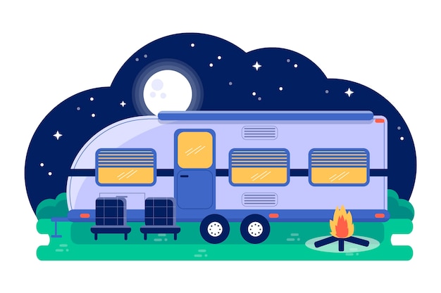 Free vector camping with a caravan illustration with bonfire