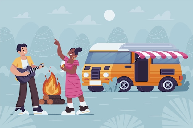 Free Vector camping with a caravan illustration with couple and campfire