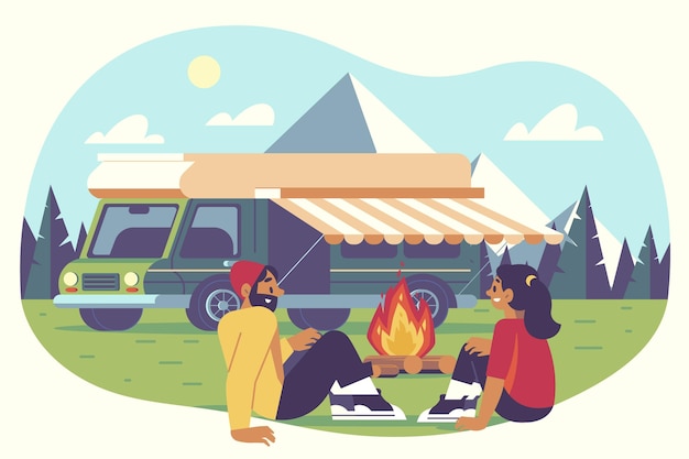 Camping with a caravan illustration with couple