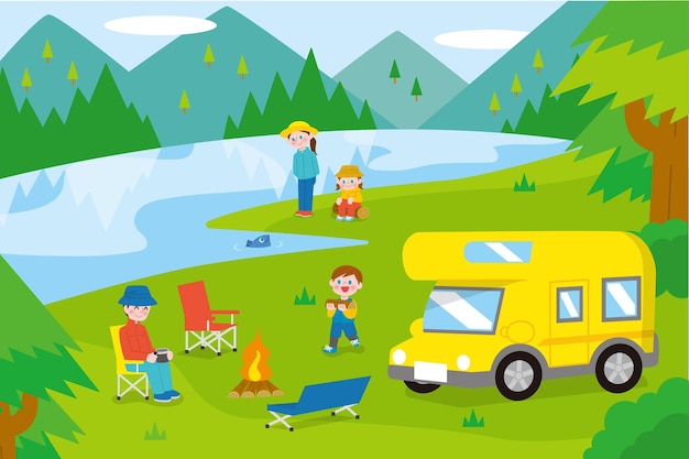 Camping with a caravan illustration with family