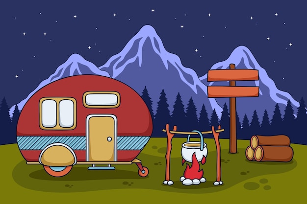 Camping with a caravan illustration with fireplace