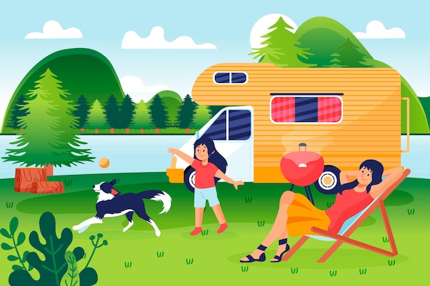 Camping with a caravan illustration with people and dog