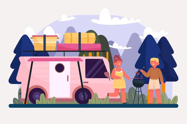 Free Vector camping with a caravan illustration with people