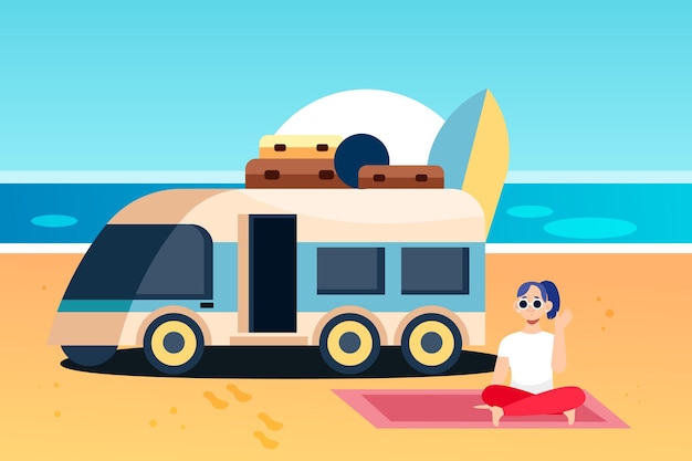 Free Vector camping with a caravan illustration with woman