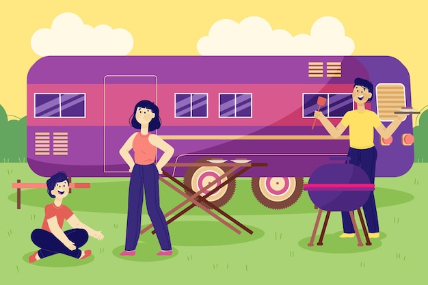 Free Vector camping with a caravan illustration