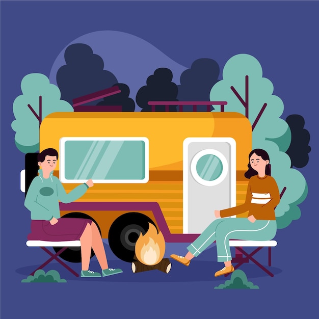 Free vector camping with a caravan illustration