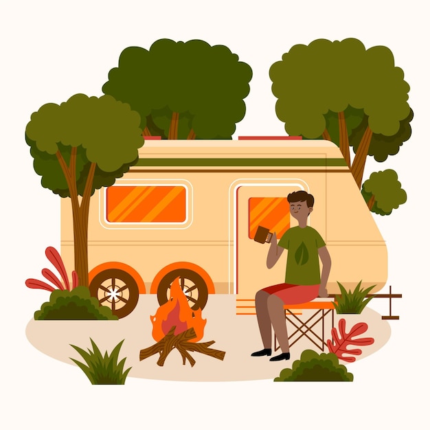 Free vector camping with a caravan illustration