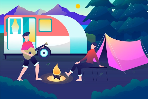 Camping with a caravan illustration