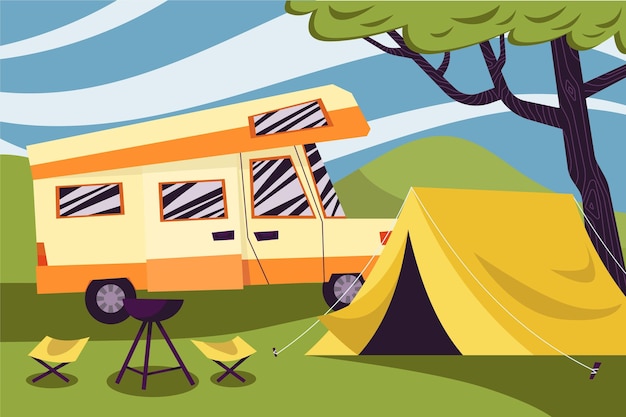 Free Vector camping with a caravan and tent illustration