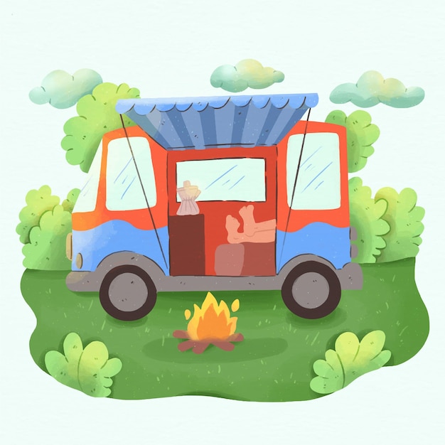 Free Vector camping with a caravan