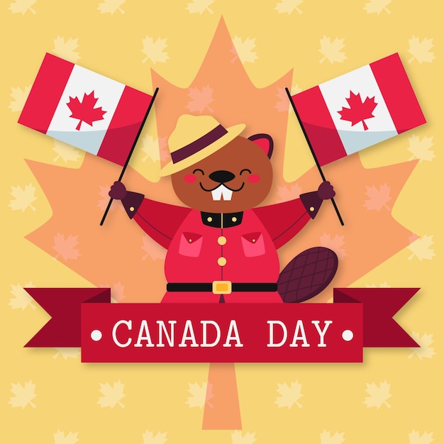 Free Vector canada day with beaver and flags